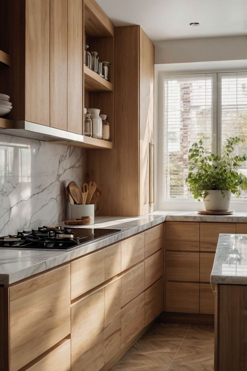 Cocina con puertas chapadas en madera natural